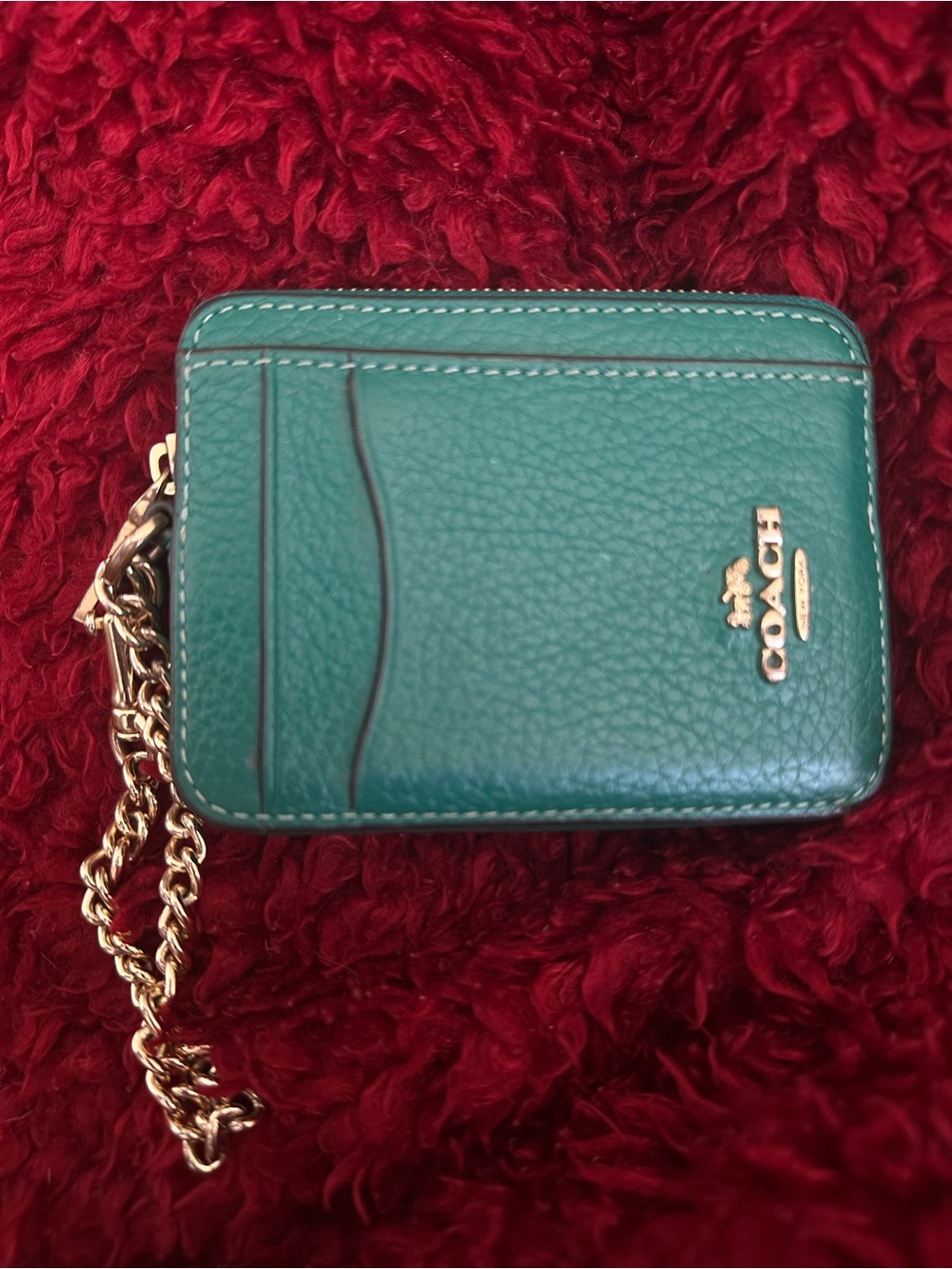 Coach Green Pebbled Leather Card Case with Gold Chain